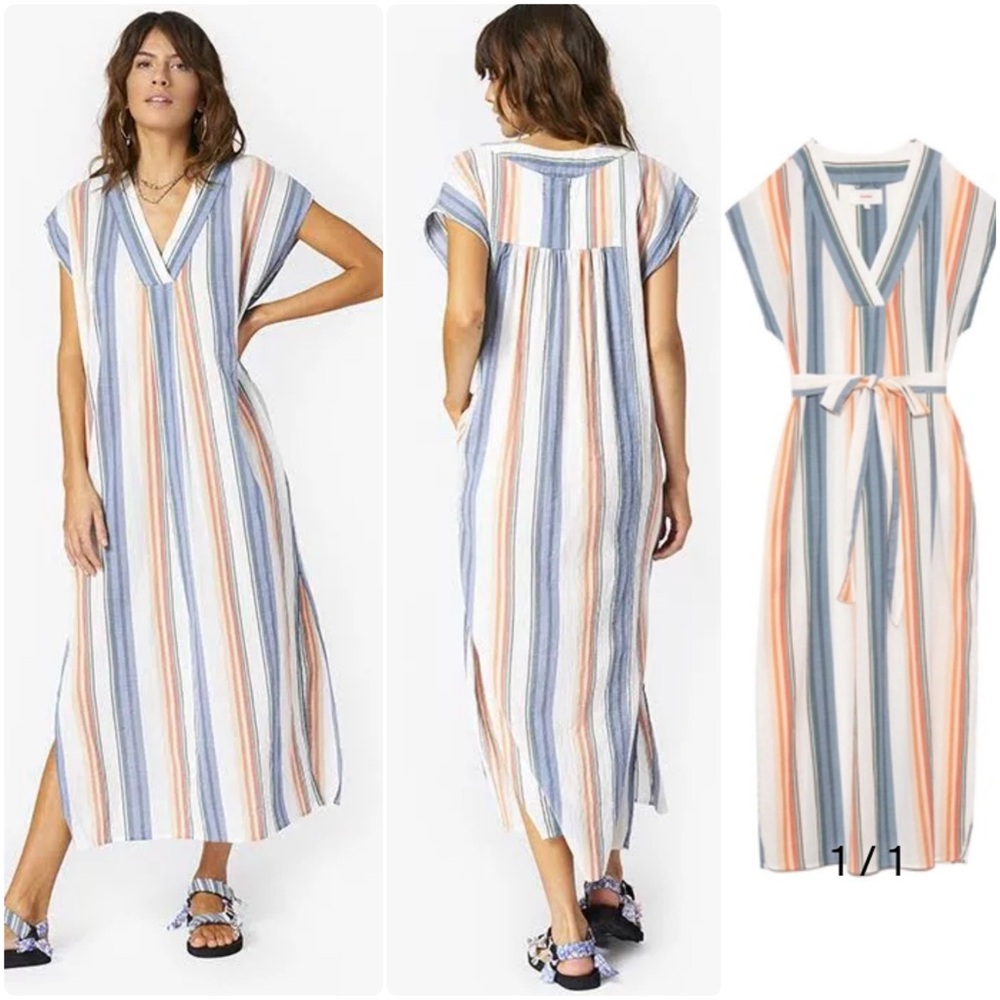 XIRENA Leila In Cove Striped Cotton Maxi Dress Size S Belted Side Slits